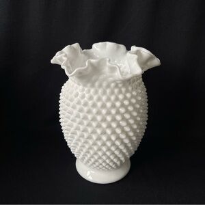 LARGE Double Crimped Vase - Fenton Hobnail Milk Glass - Vintage